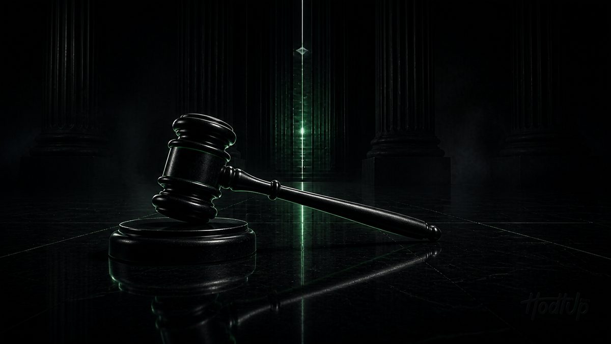 A judge's gavel resting on a block in a dark columned hall lit green, representing crypto regulation