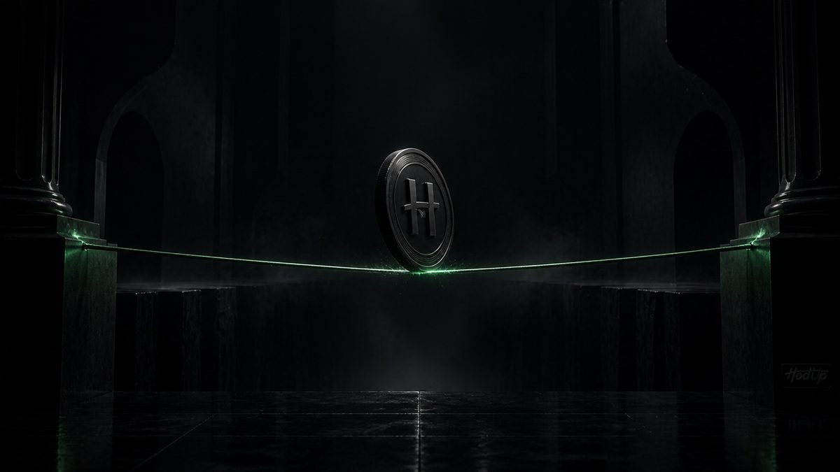 A coin balanced on a taut green line stretched across a dark void, suggesting stablecoin risk
