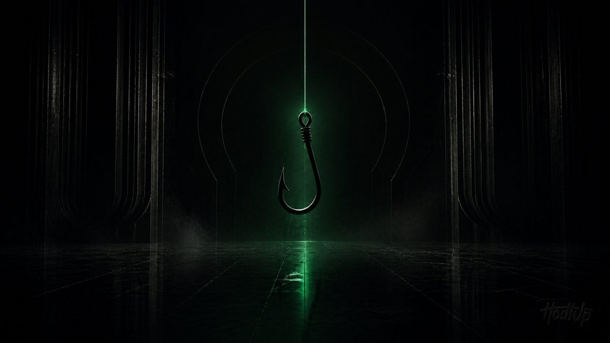A fishing hook hanging on a line under green light, a visual metaphor for crypto phishing scams