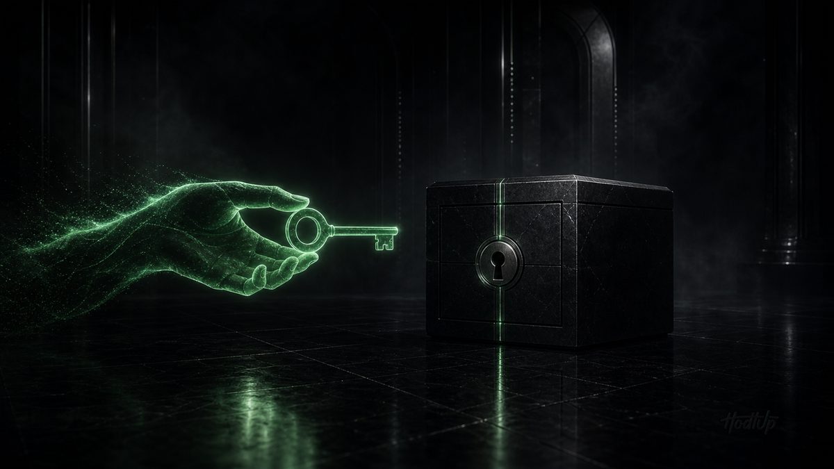 A glowing green hand offering a key to a locked dark strongbox, contrasting custodial and non-custodial wallets