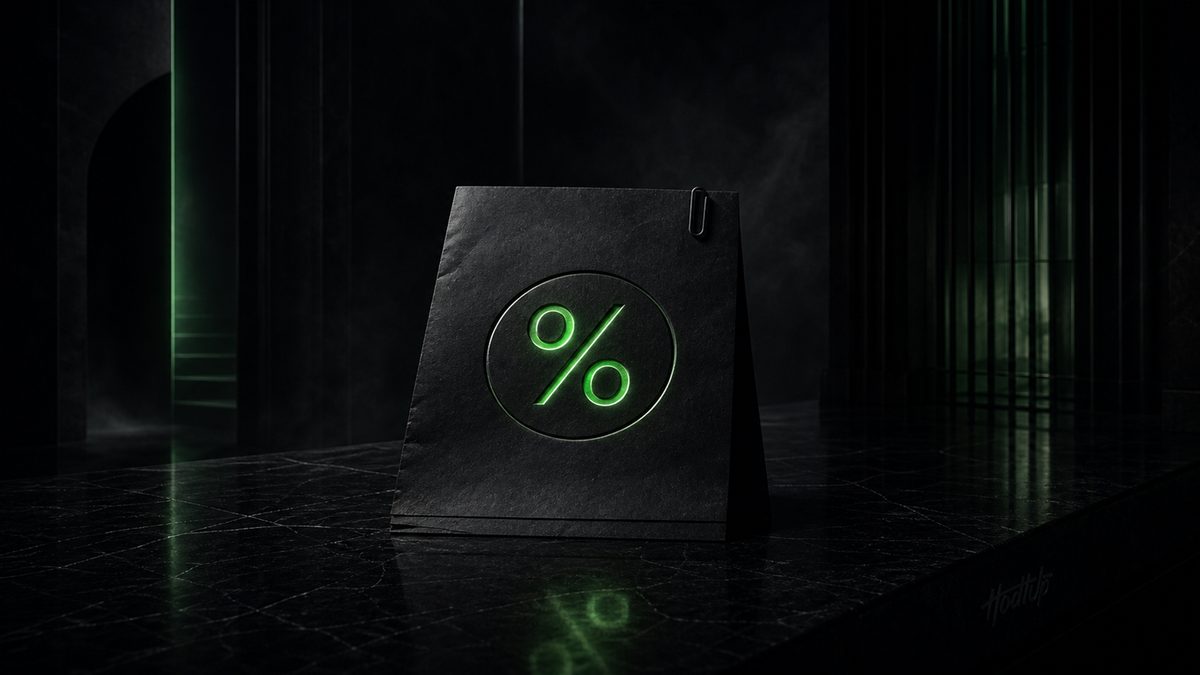 A dark folded document marked with a glowing green percent sign, representing crypto tax