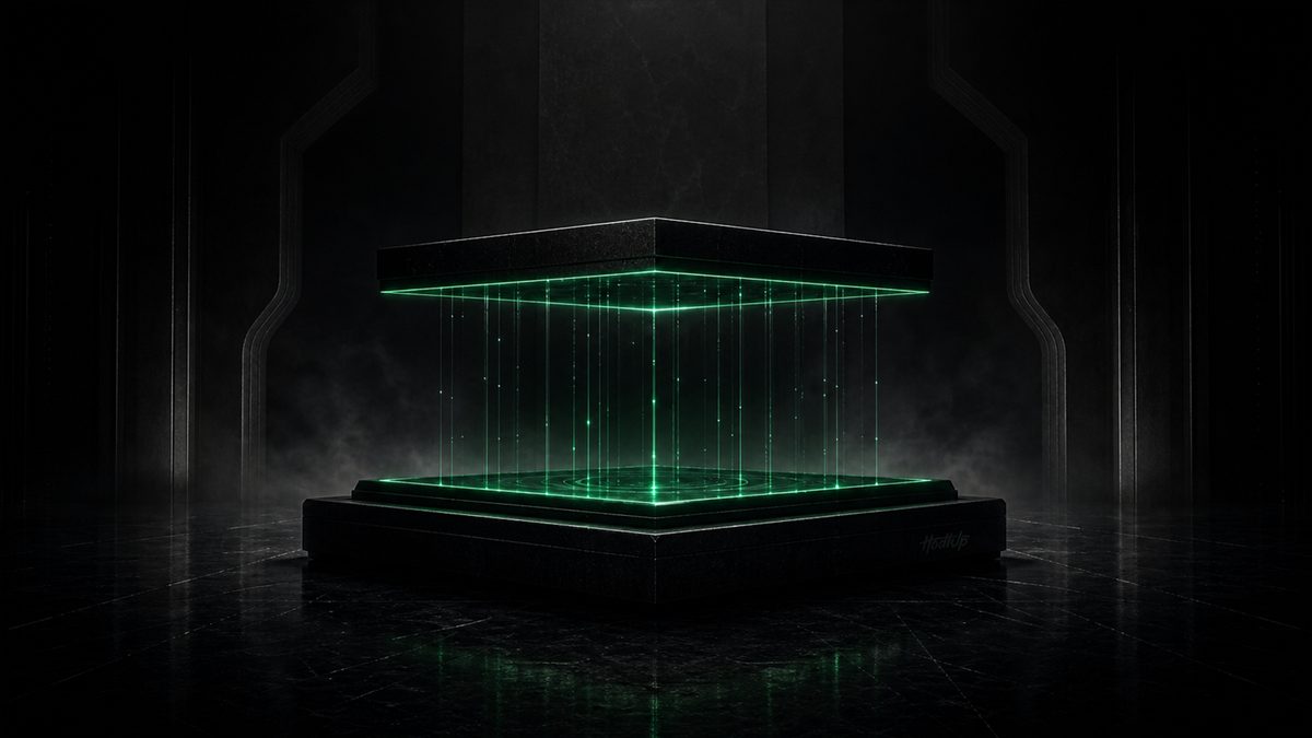 A second dark platform hovering above a base layer on glowing green pillars, representing an Ethereum Layer 2