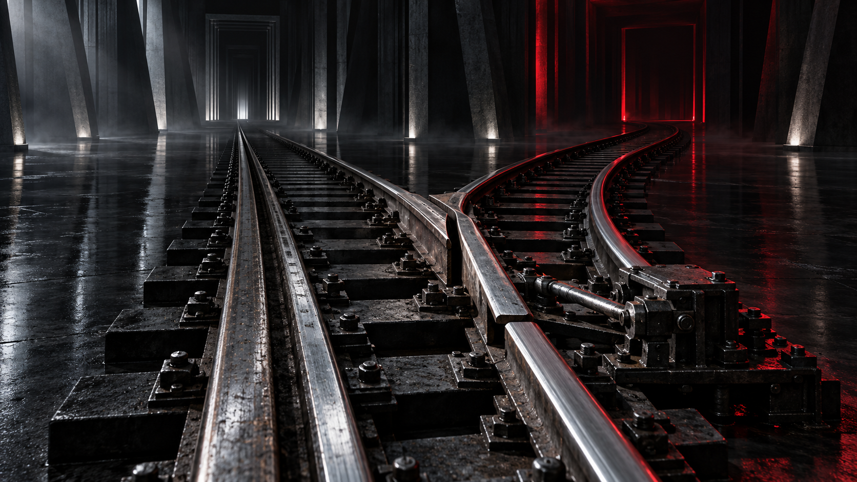 Railway tracks branching toward white and red illuminated doorways in a dark hall