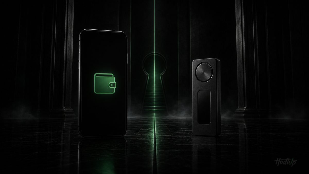 A smartphone showing a green wallet icon beside a dark hardware wallet device, contrasting hot and cold storage