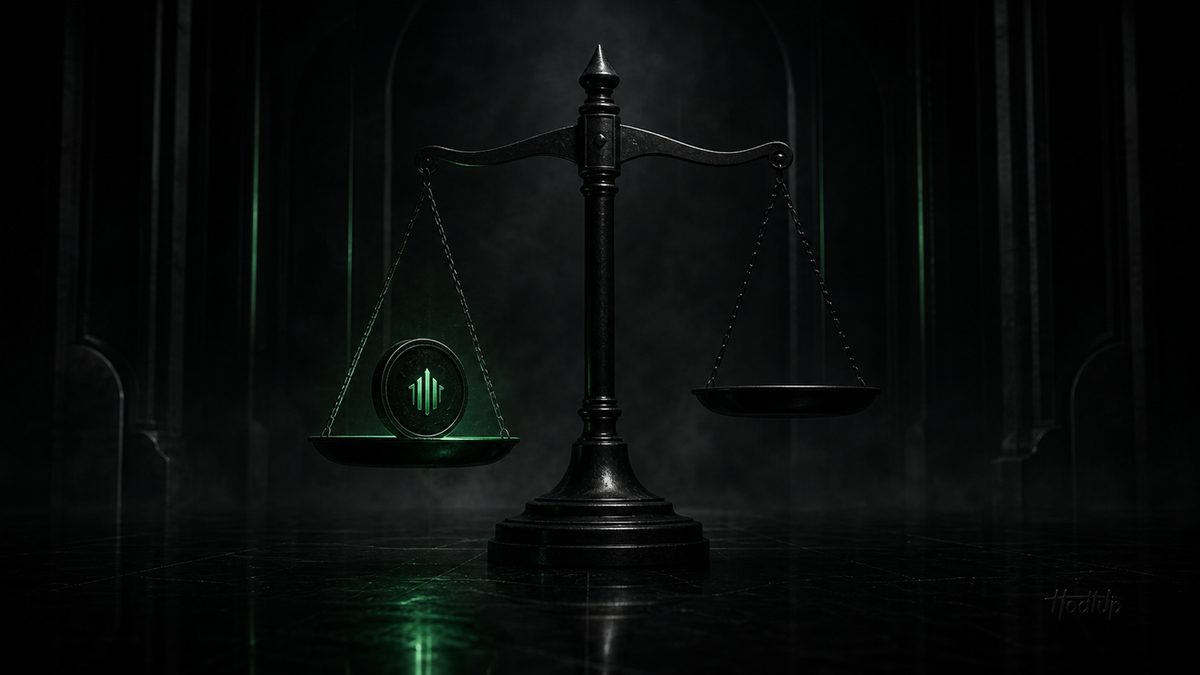 A pair of balance scales in a dark hall with a green-lit coin on one pan, weighing what gives crypto its value