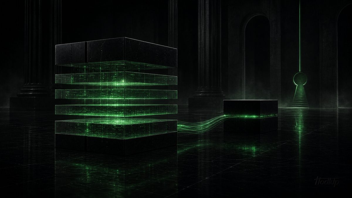 A dark cube built from stacked layers of glowing green data, illustrating how a blockchain is assembled