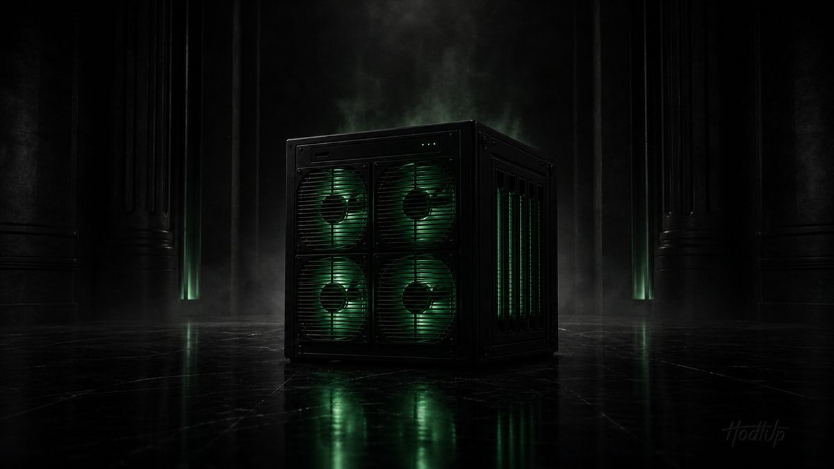 A dark mining rig with four cooling fans glowing green, venting heat in a shadowy hall