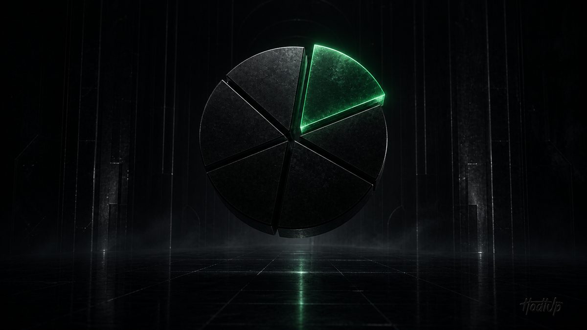 A dark segmented pie chart with a single slice lit green, representing a crypto portfolio allocation