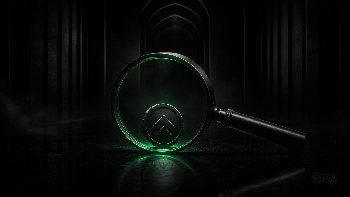A magnifying glass with a green-lit lens examining a token emblem in a dark hall