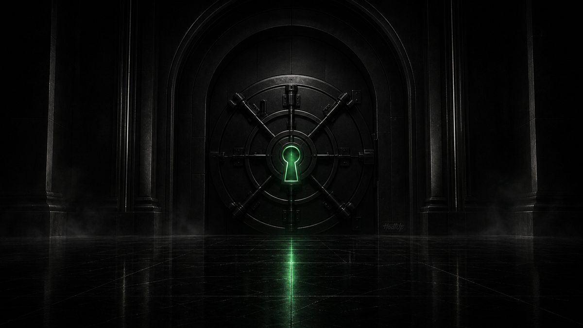 A heavy vault door with a glowing green keyhole set into a dark stone wall