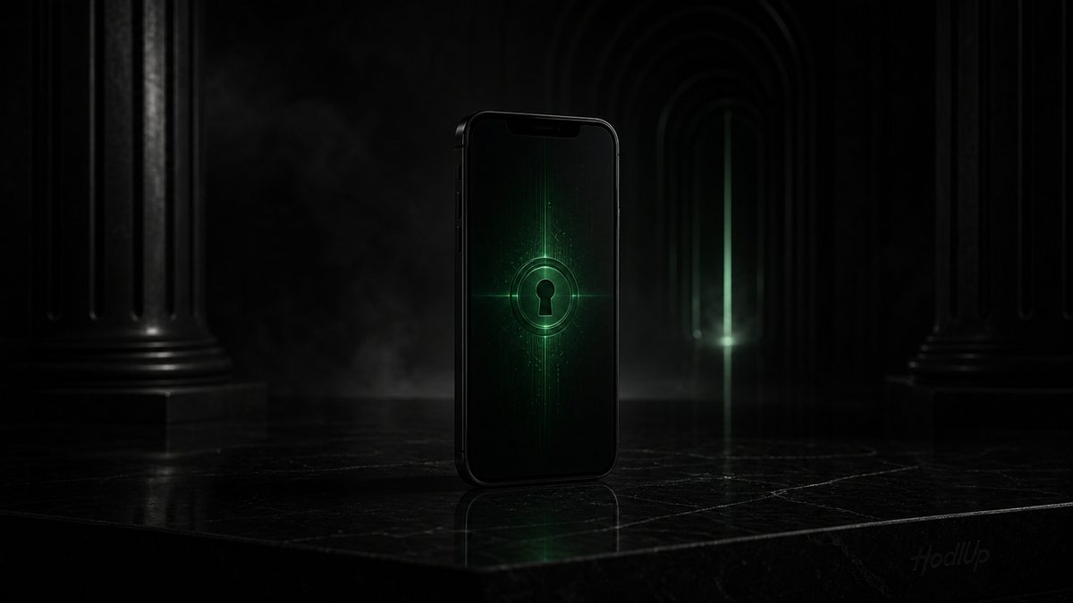 A smartphone displaying a glowing green shield and keyhole, representing setting up a first crypto wallet