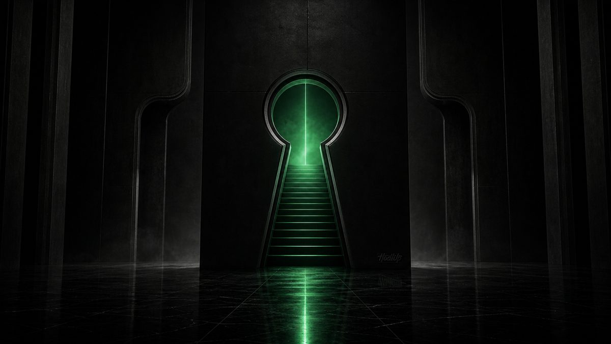 A green-lit staircase rising through a keyhole-shaped doorway, suggesting first steps into crypto investing