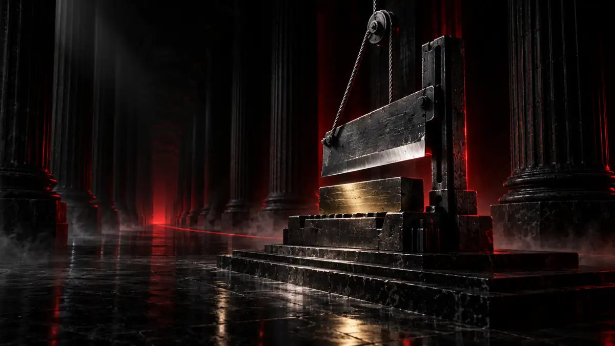 A guillotine blade poised over a gold bar in a dark columned hall lit red, representing slashable stakes in Hyperliquid HIP-4 resolution