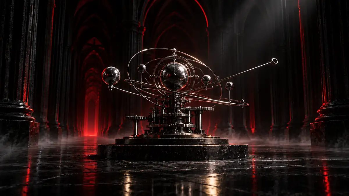A mechanical orrery on a marble plinth in a dark gothic hall lit red, representing prediction markets and forecasting models