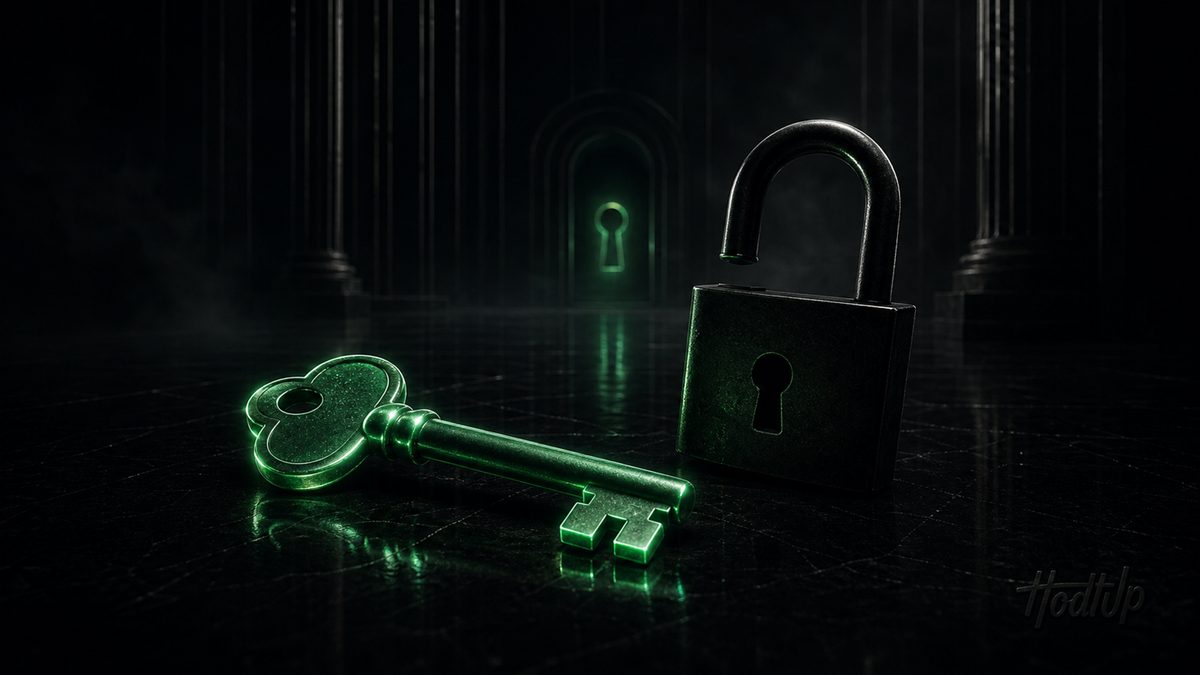 A glowing green key lying beside a dark closed padlock, contrasting private and public keys