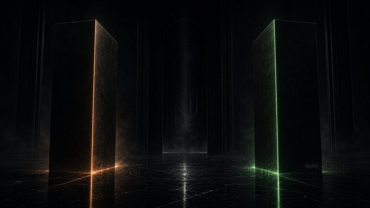 Two dark monoliths side by side, one edged in orange light and one in green, contrasting Proof of Work and Proof of Stake