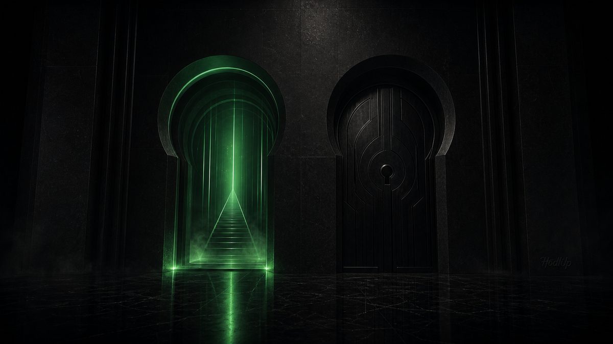 Two arched doorways side by side, one open and glowing green and one sealed shut, contrasting public and private blockchains