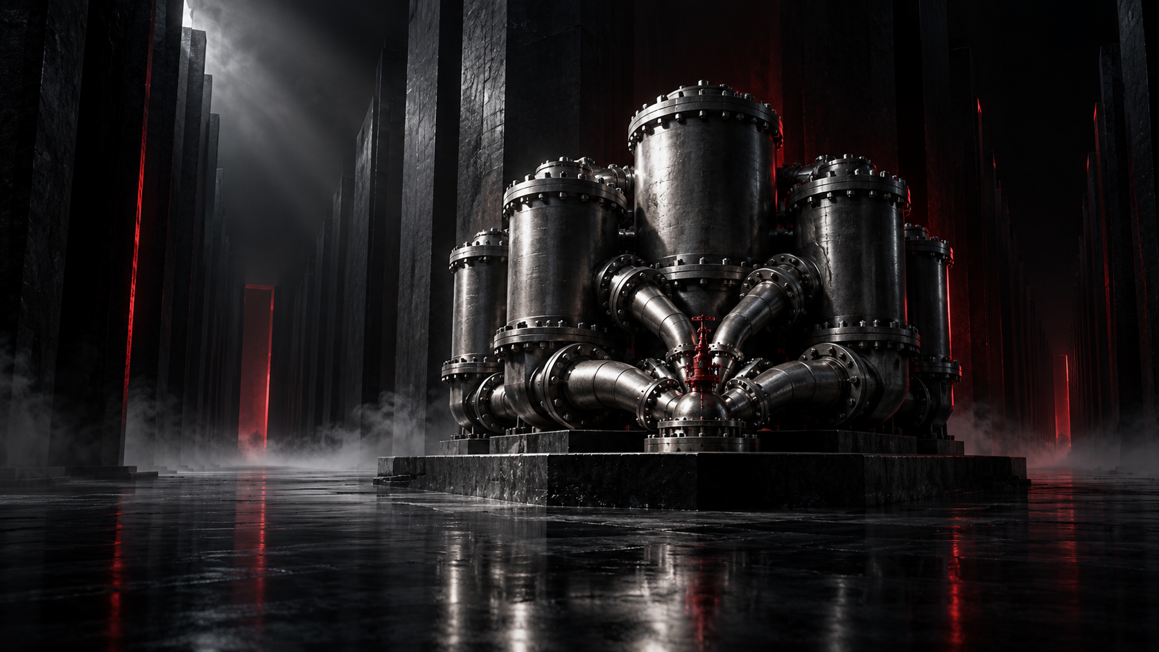 Interconnected steel machinery in a dark monumental hall with red lighting