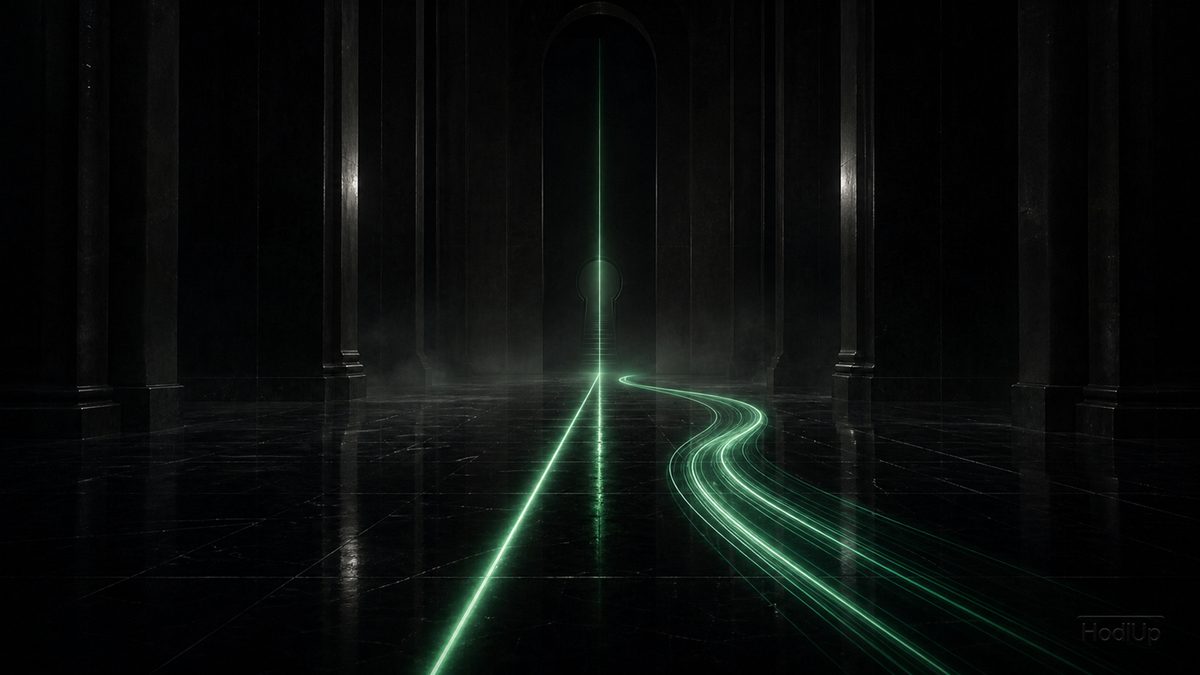 One straight green light beam beside a curving one on a dark floor, comparing Solana and Ethereum