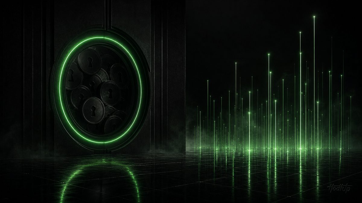 A ring of dark coins glowing green beside a field of rising green light stalks, contrasting staking and yield farming
