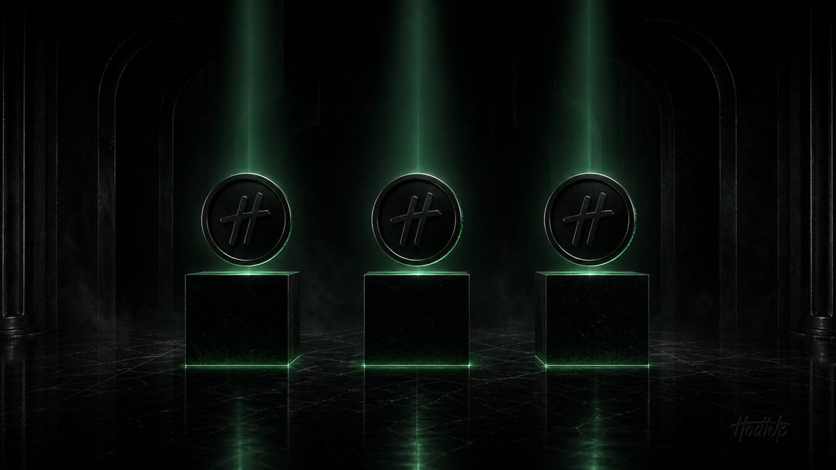 Three dark coins on separate pedestals under green spotlights, representing the three types of stablecoins