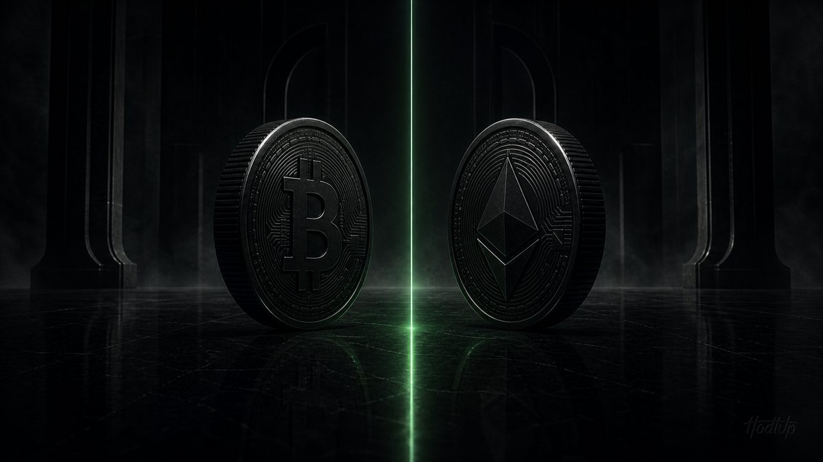 Two dark coins facing each other across a vertical green line of light