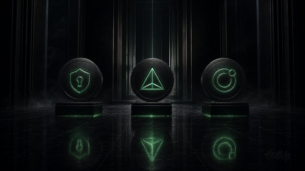 Three dark tokens on pedestals bearing a shield, a triangle and a circular emblem in green light