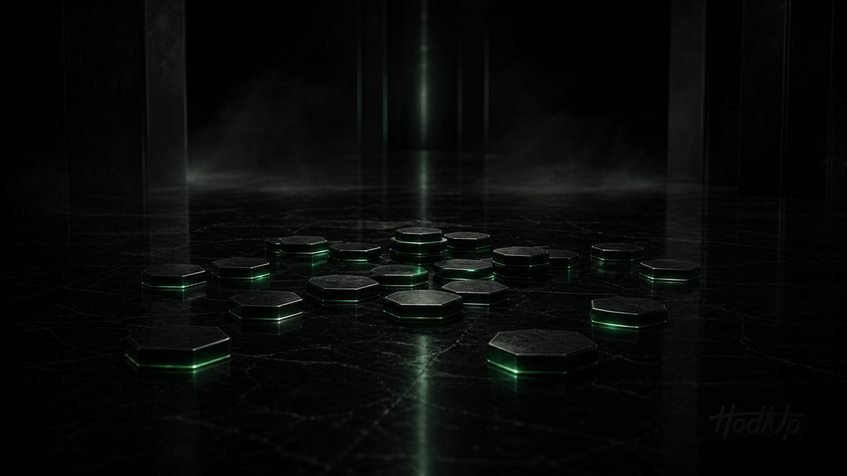 A scattered cluster of dark hexagonal tokens edged in green light on a reflective floor