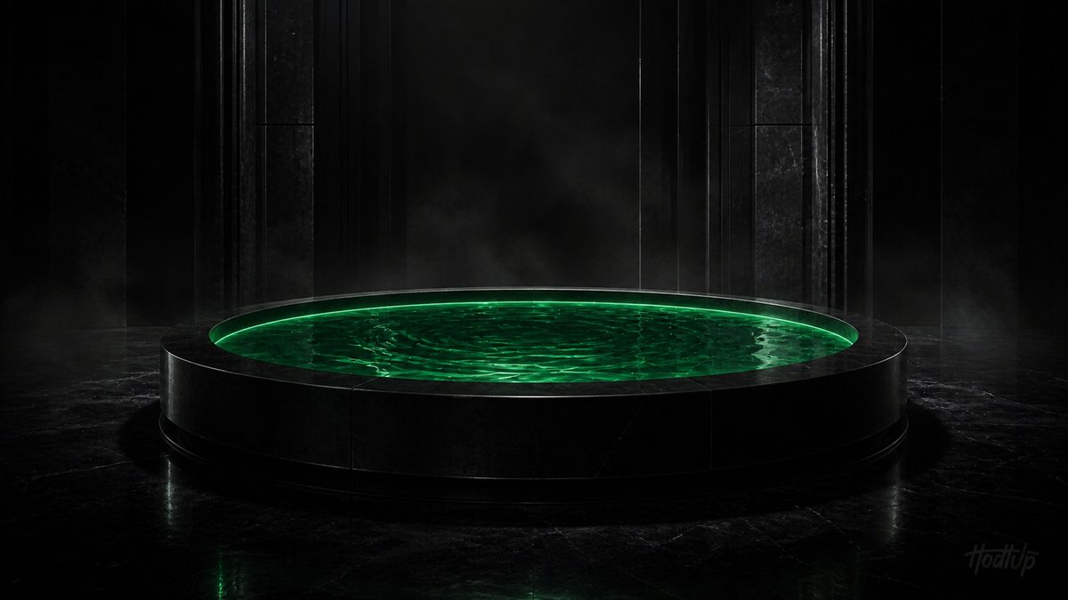 A circular basin filled with rippling green liquid light, representing a DeFi liquidity pool
