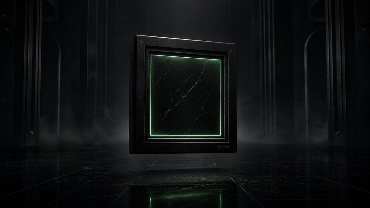 An empty dark picture frame glowing green on the inner edge, representing an NFT