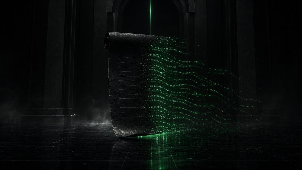 A dark stone scroll dissolving into a stream of glowing green data particles, representing a smart contract
