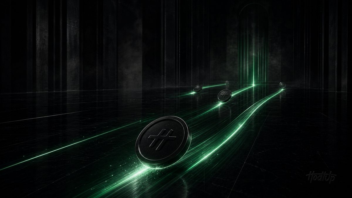 A dark token riding a green light trail across a reflective floor, representing SPL tokens on Solana