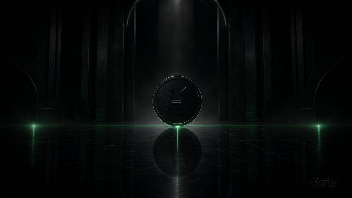 A dark coin resting on a perfectly level green line of light, symbolising a stablecoin's steady peg