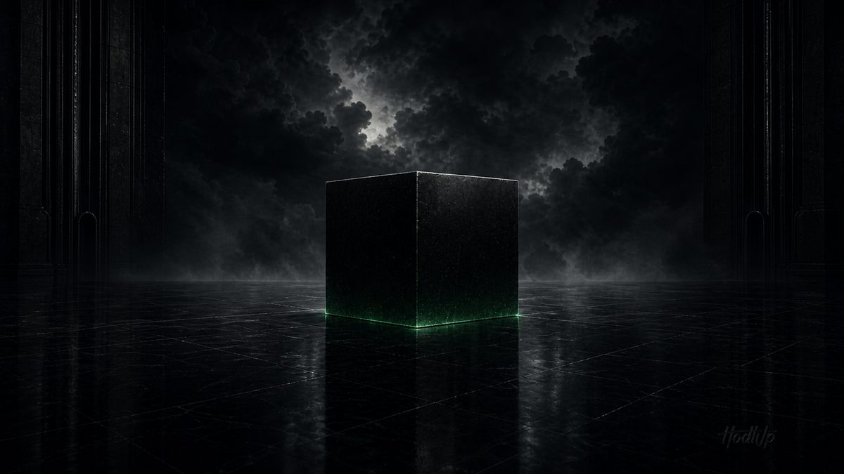 A solid dark cube standing firm under a stormy sky with green light beneath it, evoking holding through volatility