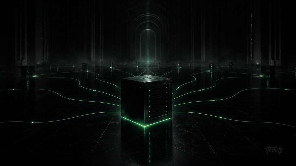A dark server tower with green light trails radiating out to surrounding nodes