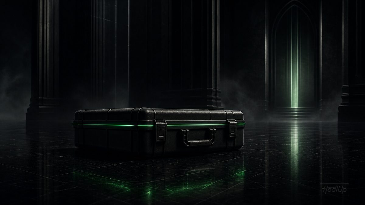 A black hard-shell case with glowing green seams sitting on a dark floor, representing a crypto wallet