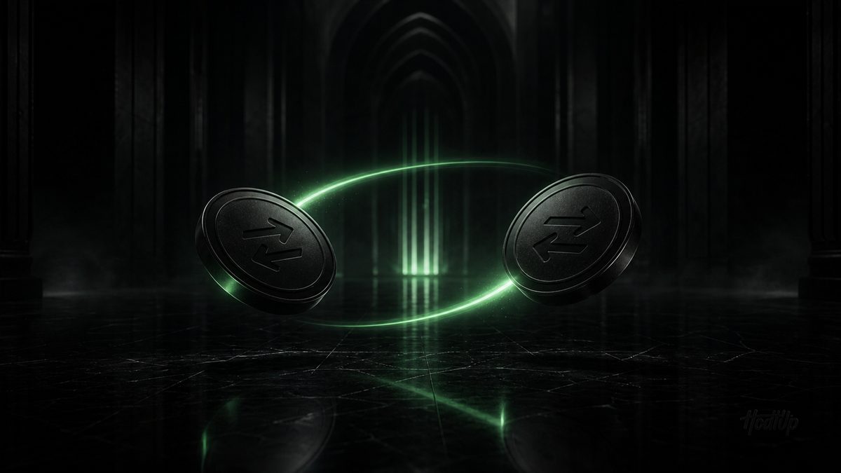 Two dark coins swapping places around a green ring of light, representing a decentralized exchange