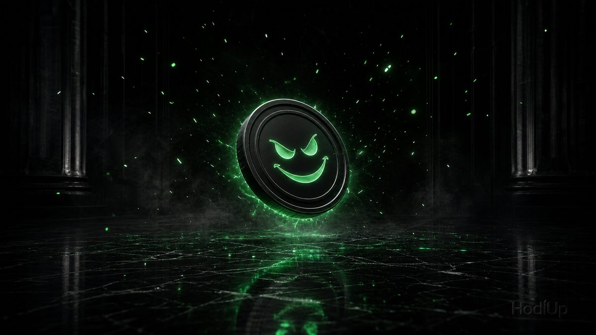 A dark coin with a mischievous grinning face glowing green amid drifting sparks