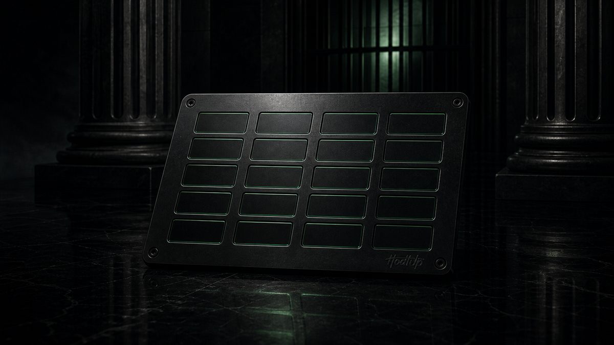 A metal seed phrase backup plate with twenty blank word slots, propped against a dark marble floor