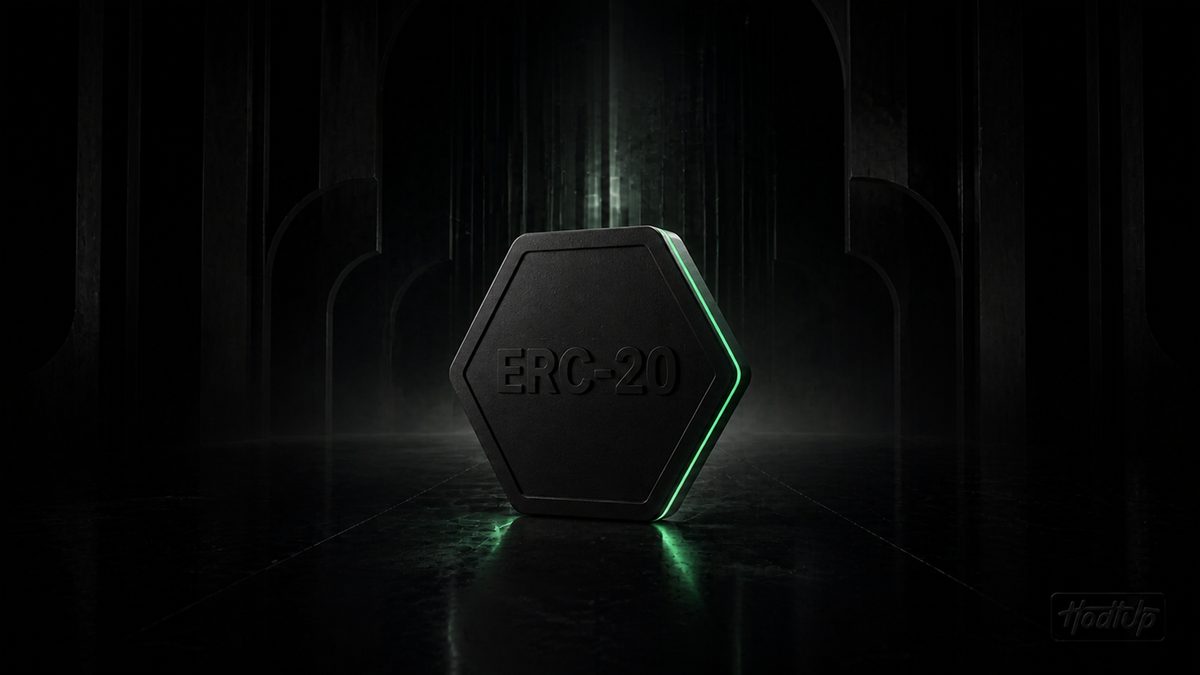 A dark hexagonal token embossed with the letters ERC-20 and edged in green light