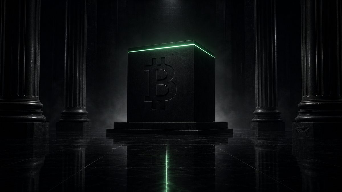 The Bitcoin symbol engraved on a dark stone cube on a plinth between marble columns, edged with green light