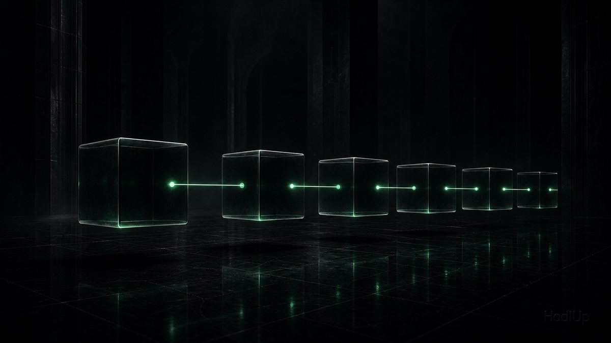 A receding row of dark glass cubes joined by glowing green light beams, illustrating how blocks link into a blockchain