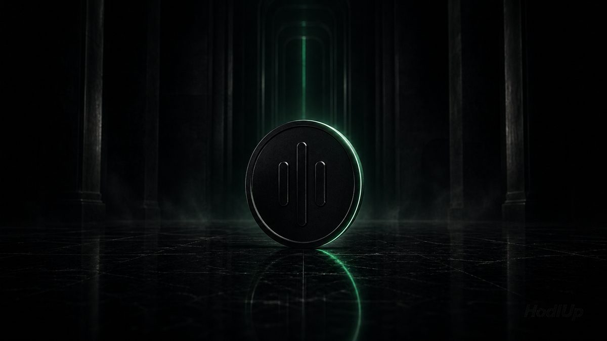 A dark metallic coin standing upright in a shadowy columned hall, lit by a green shaft of light