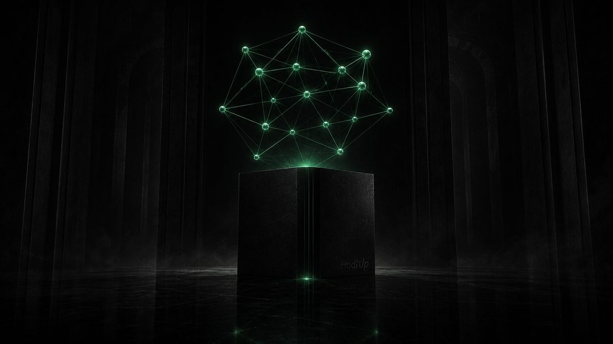 A glowing green network of interconnected nodes hovering above a dark pedestal, representing decentralized finance
