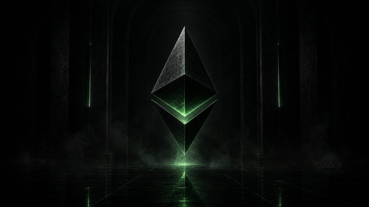 The Ethereum diamond rendered as a dark stone octahedron glowing green along its centre seam
