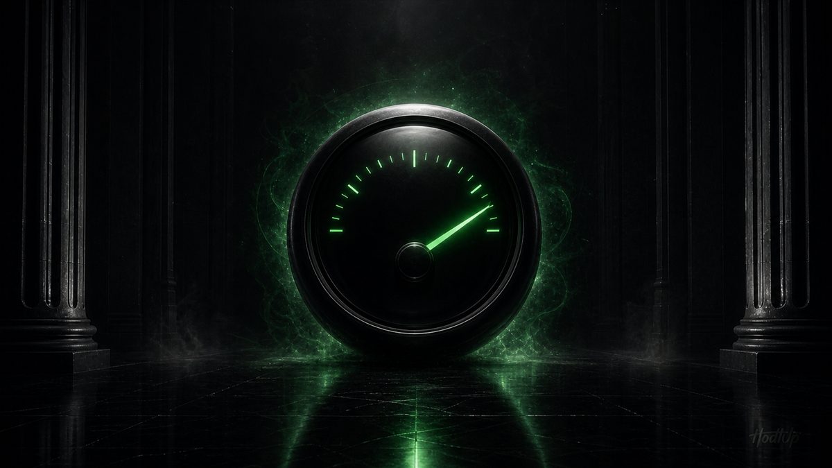 A dark fuel gauge with a green needle, a metaphor for Ethereum gas fees