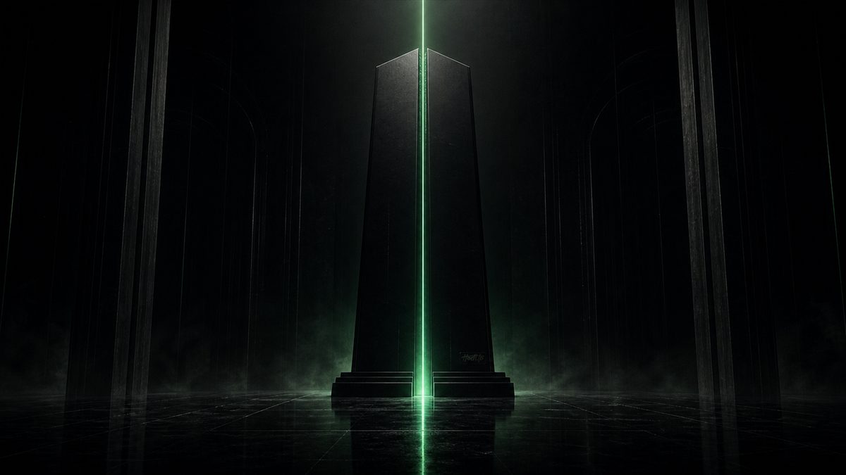 A tall dark obelisk lit by a vertical green beam, representing crypto market capitalisation