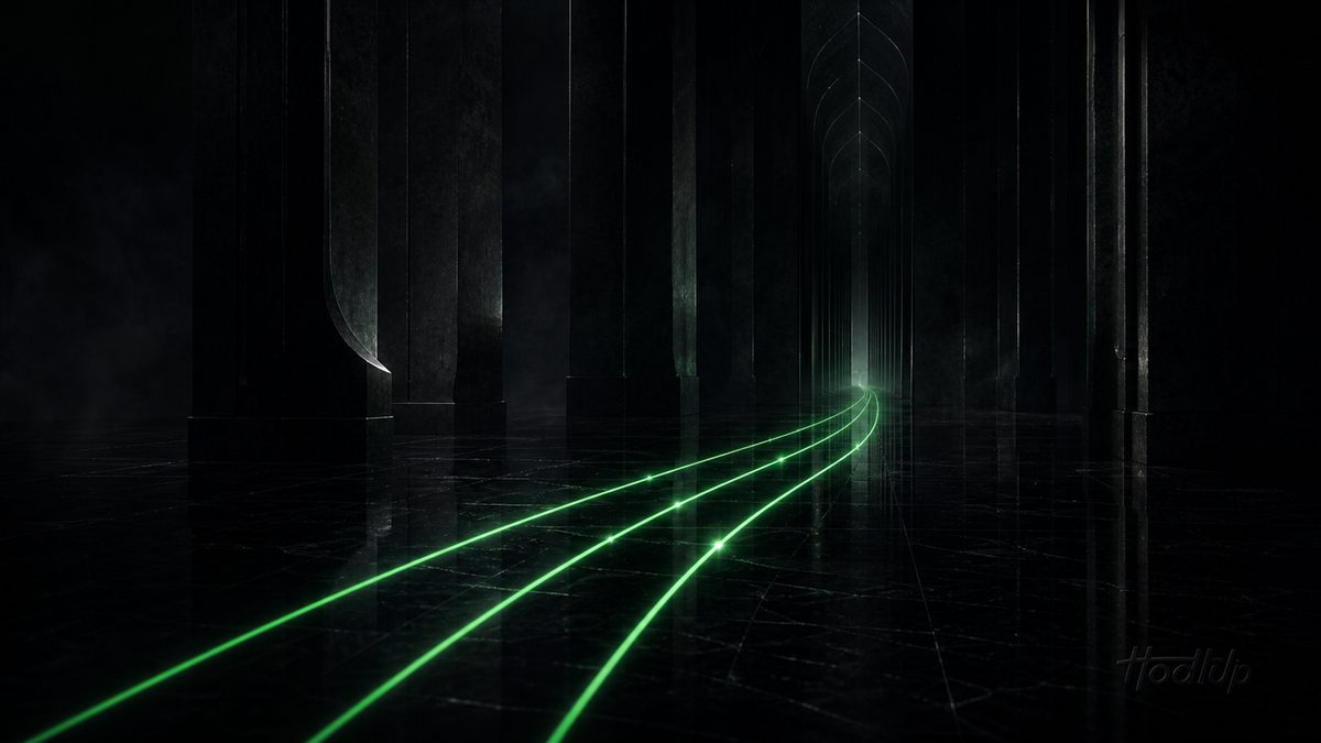 Three bright green light trails sweeping across a dark reflective floor, evoking Solana's speed