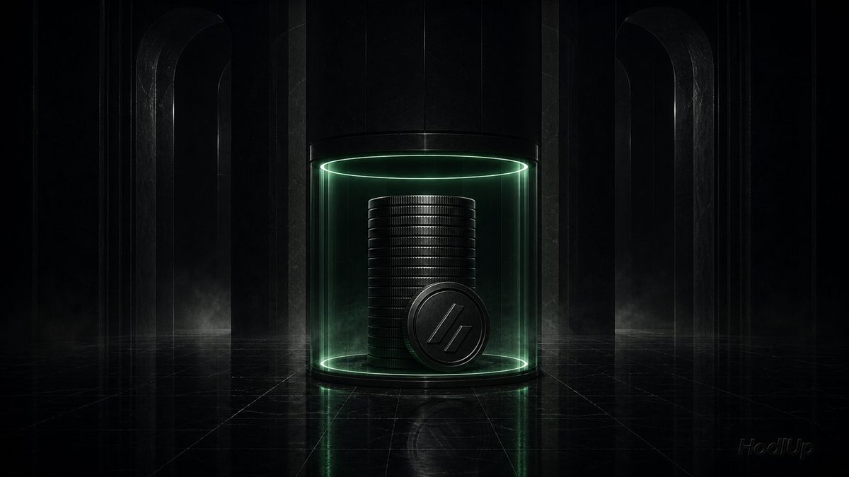 A stack of dark coins sealed inside a glowing green cylinder, representing staked and locked crypto