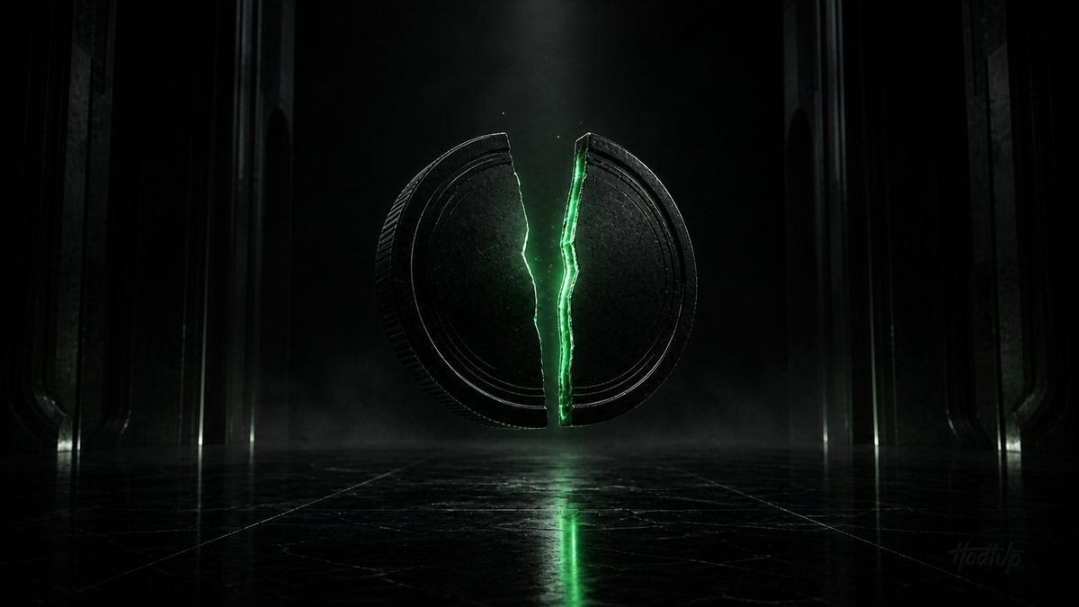 A dark coin split cleanly down the middle with green light in the gap, representing the Bitcoin halving